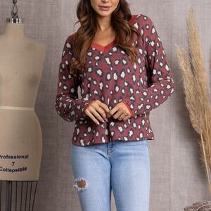 BURGANDY CHEETAH PRINT LACE-UP BACK KNIT TOP